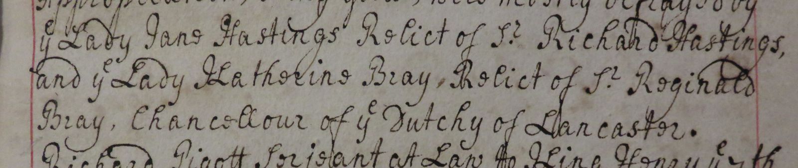 Extract from Commemoration of Benefactors book listing Katharine Bray. This volume from the College Archives contains detailed lists of the donations and bequests made by benefactors to the College between c. 1668 and 1825, including details of the bequest made by Katherine Bray.