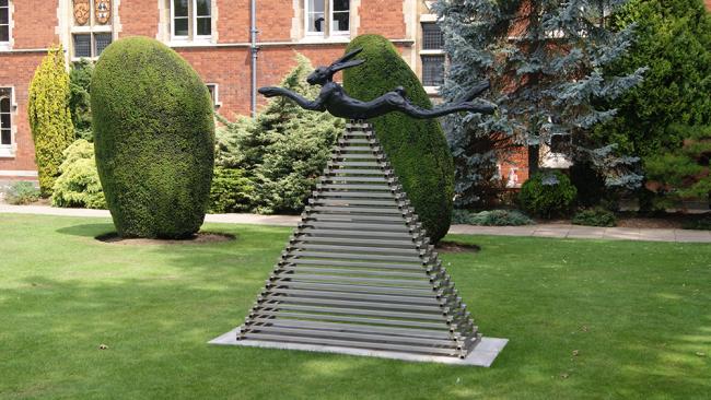 Image of Six foot leaping hare on steel pyramid by Barry Flanagan