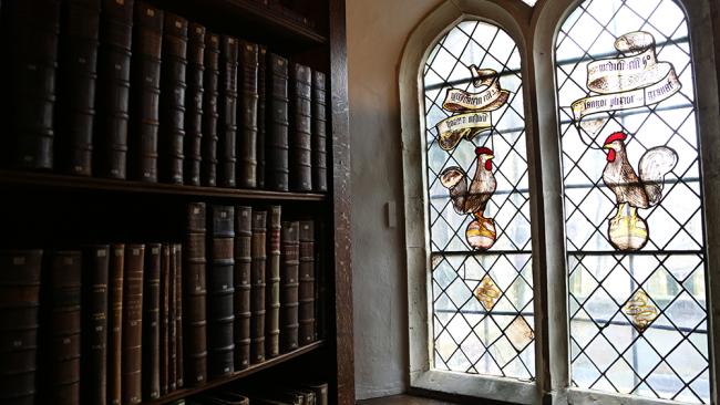 Books and stained glass windows in the Old Library
